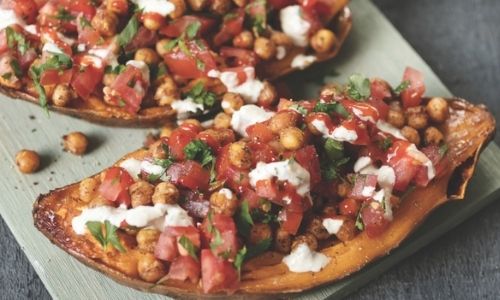 Mediterranean Stuffed Sweet Potatoes With Crispy Chickpeas